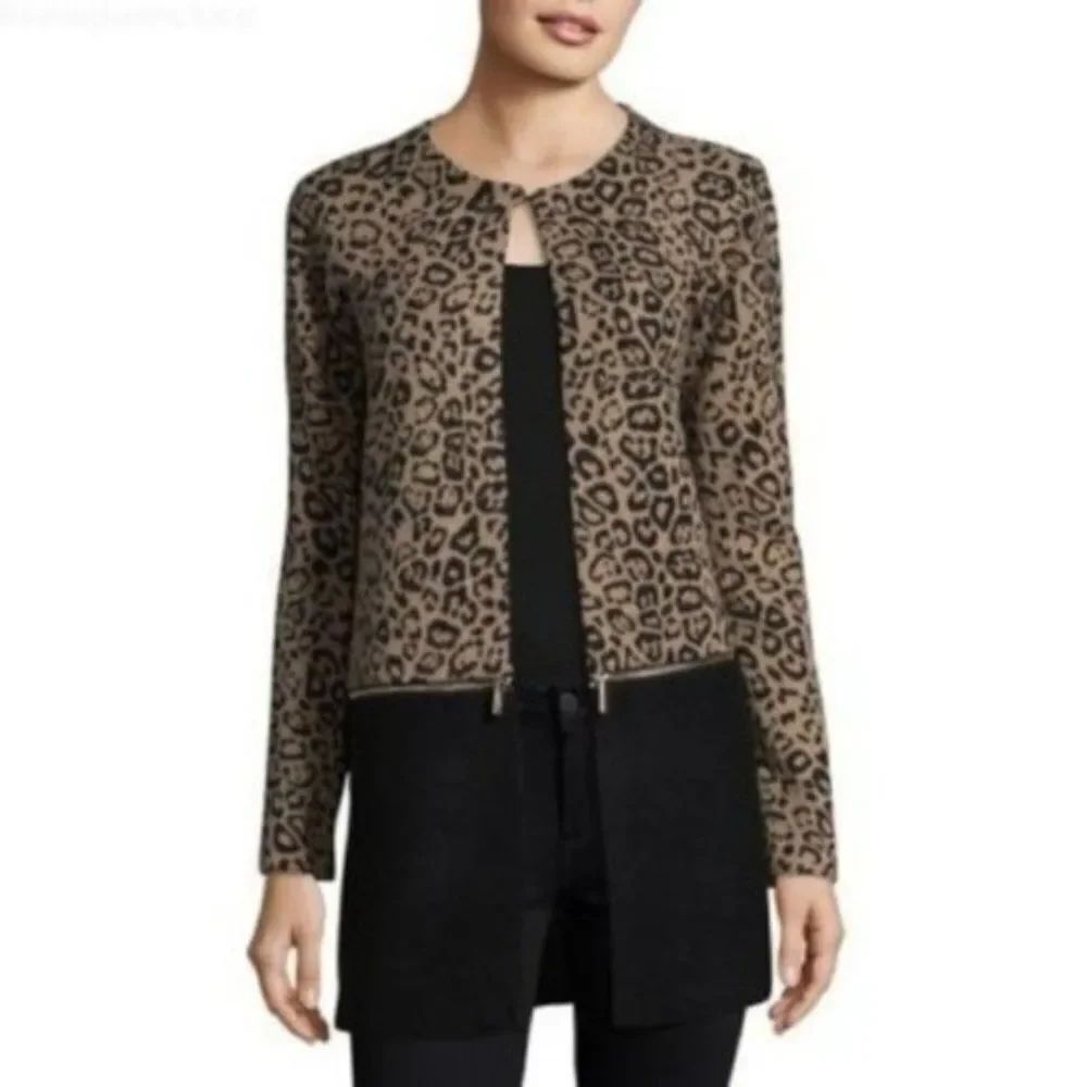 NWT KARL LAGERFELD Paris Leopard Wool Zip Coat L